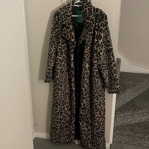 Leopard Print Long Coat - Women's Faux Fur Coat in Brown/Black